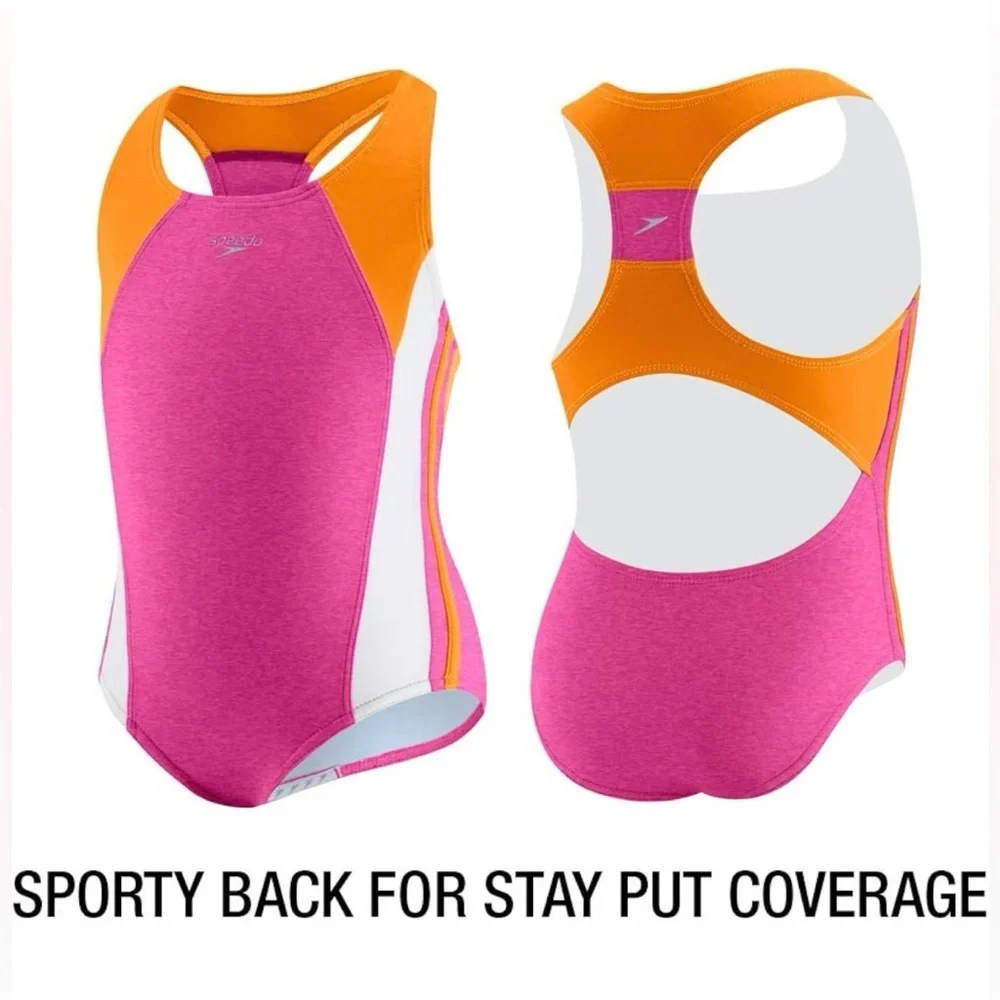 Speedo Big Girl's Swimsuit One Piece Infinity Splice Thick‎ Strap, Blush Size 7